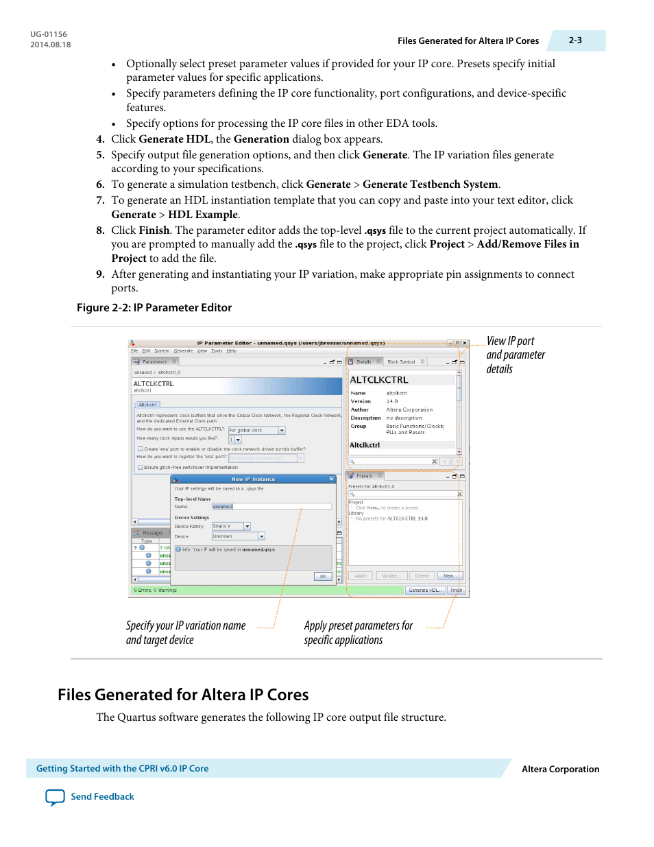 Files generated for altera ip cores, Files generated for altera ip cores -3 | Altera CPRI v6.0 MegaCore Function User Manual | Page 14 / 115