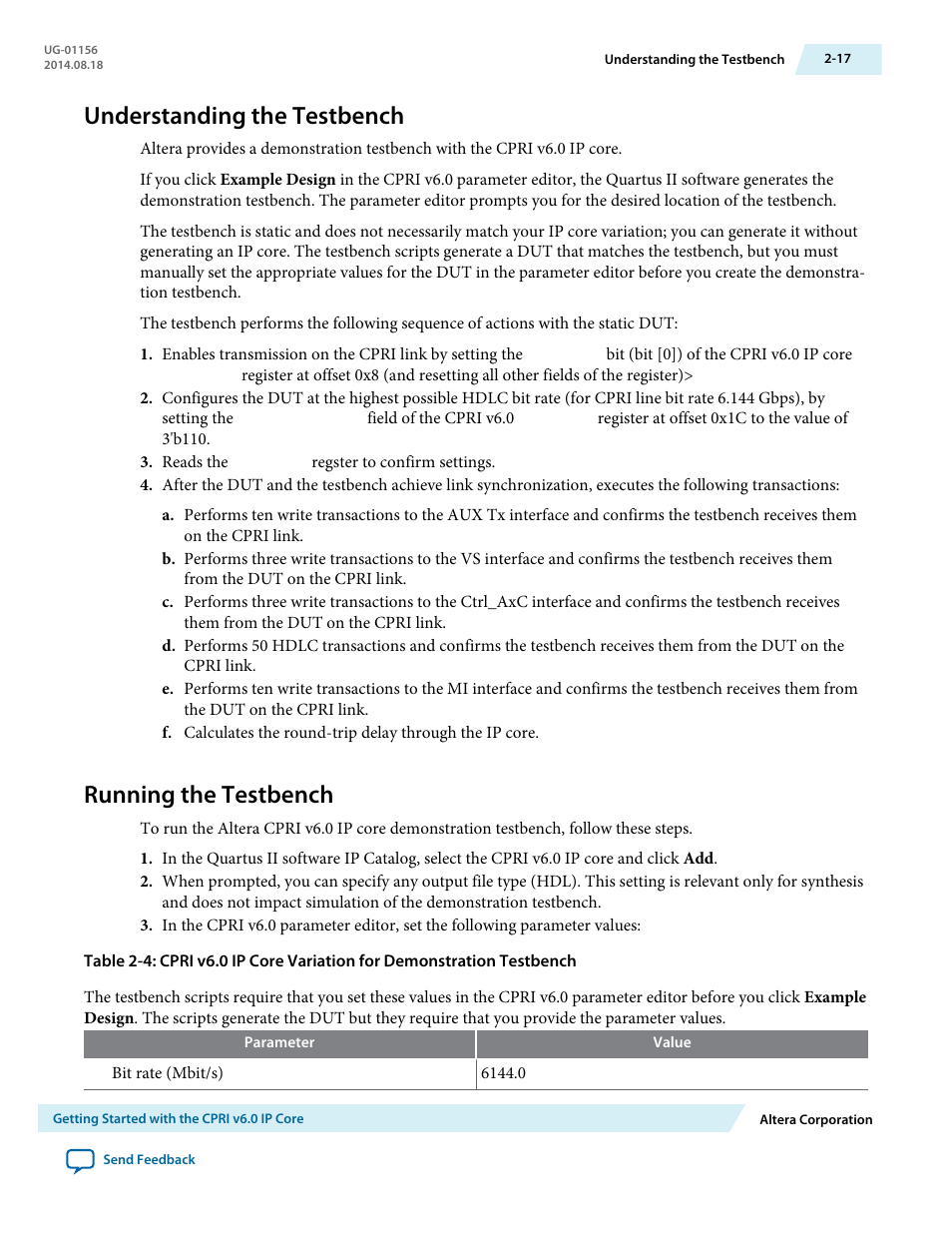 Understanding the testbench, Running the testbench, Understanding the testbench -17 | Running the testbench -17 | Altera CPRI v6.0 MegaCore Function User Manual | Page 28 / 115