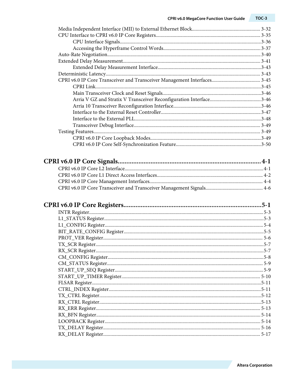 Cpri v6.0 ip core signals -1, Cpri v6.0 ip core registers -1 | Altera CPRI v6.0 MegaCore Function User Manual | Page 3 / 115