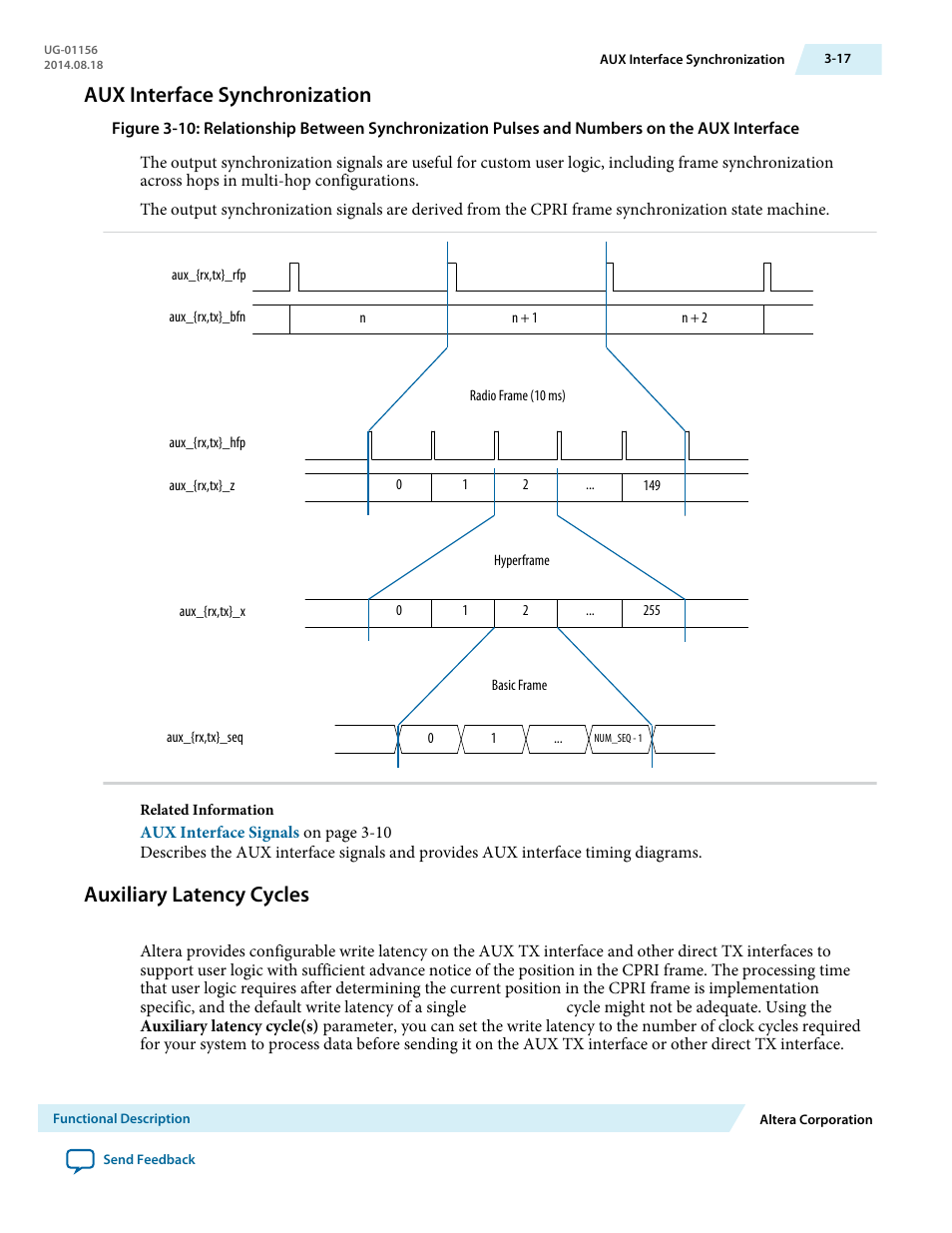 Aux interface synchronization, Auxiliary latency cycles, Aux interface synchronization -17 | Auxiliary latency cycles -17 | Altera CPRI v6.0 MegaCore Function User Manual | Page 47 / 115