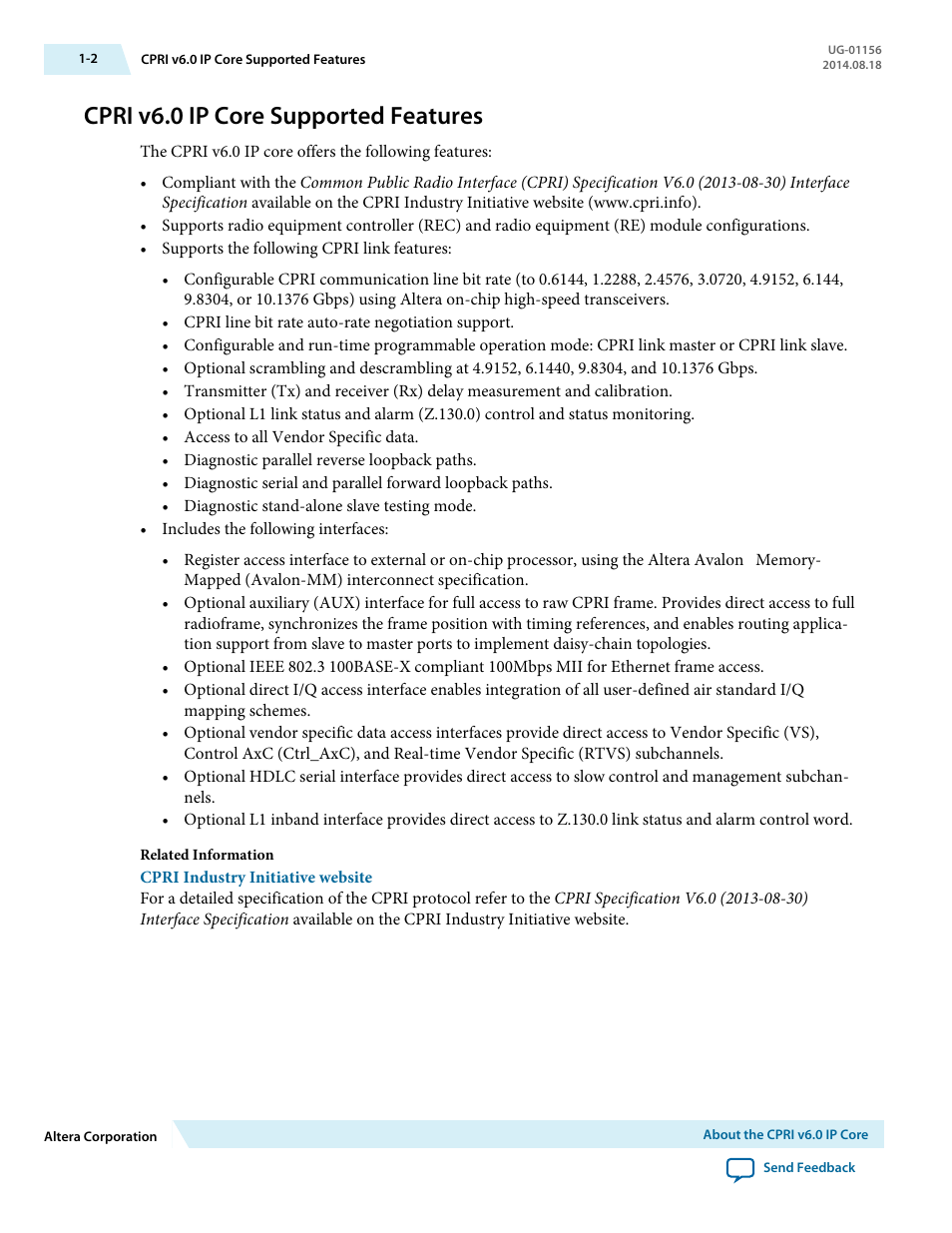 Cpri v6.0 ip core supported features, Cpri v6.0 ip core supported features -2 | Altera CPRI v6.0 MegaCore Function User Manual | Page 6 / 115