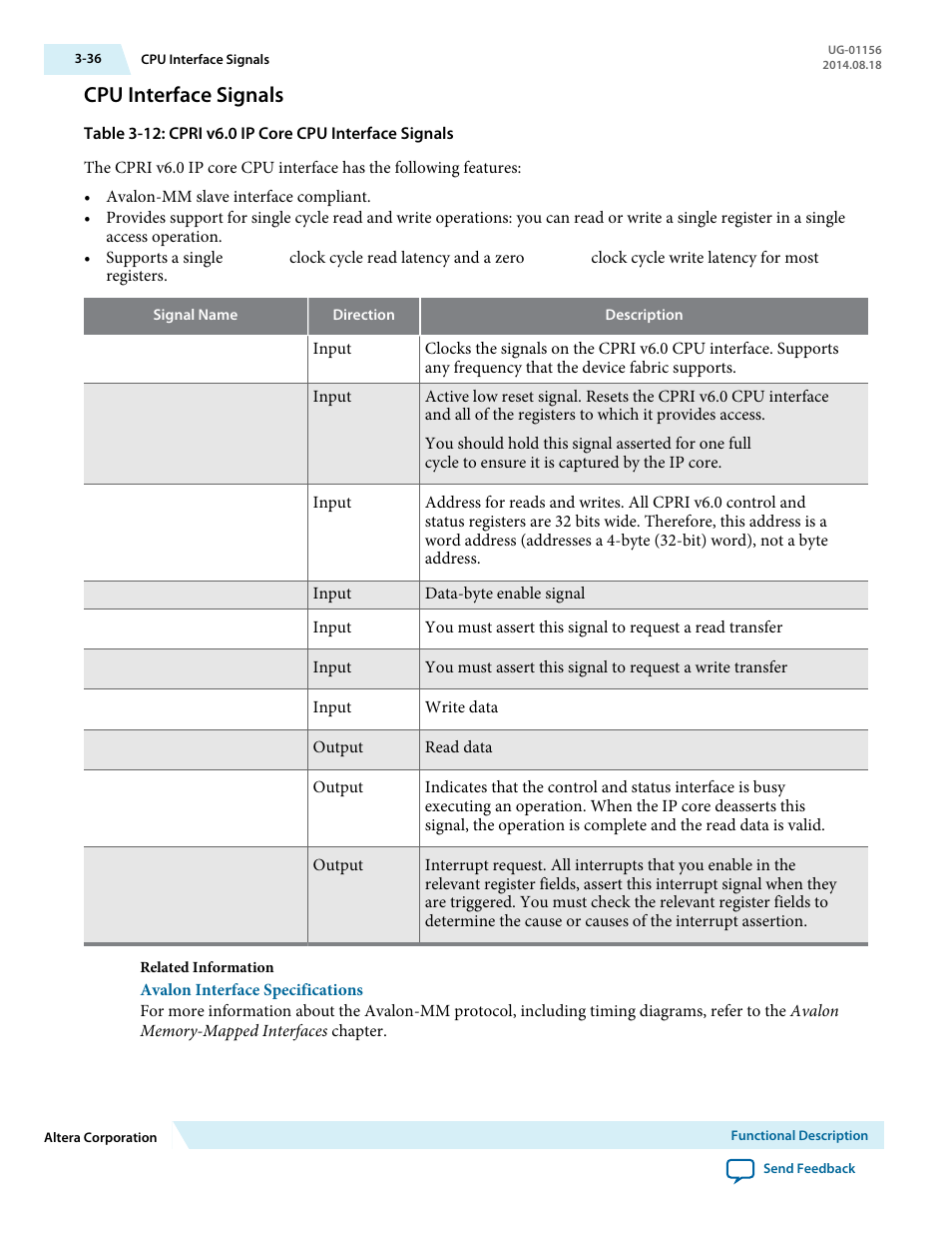 Cpu interface signals, Cpu interface signals -36 | Altera CPRI v6.0 MegaCore Function User Manual | Page 66 / 115