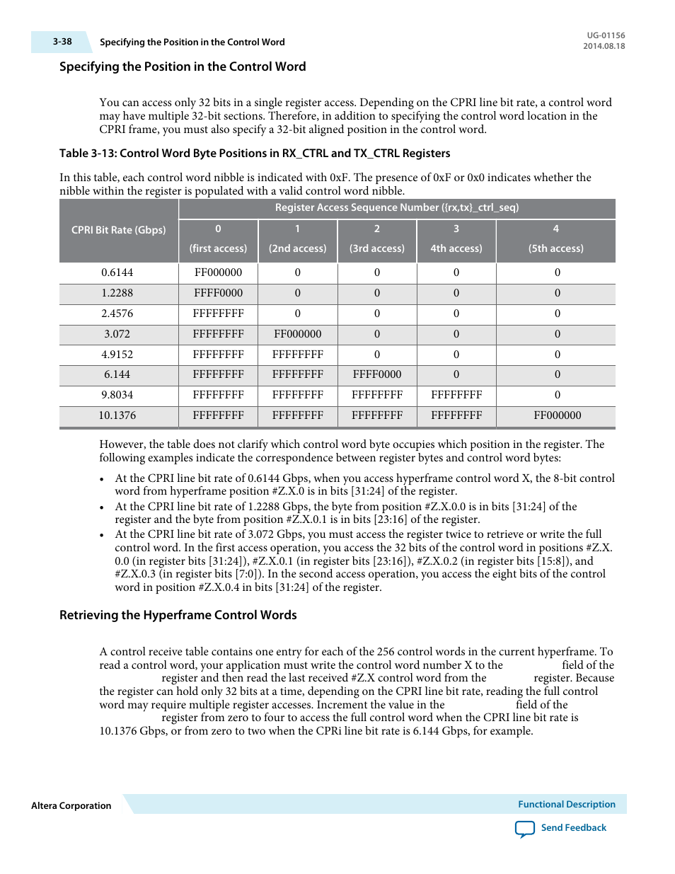 Specifying the position in the control word, Retrieving the hyperframe control words | Altera CPRI v6.0 MegaCore Function User Manual | Page 68 / 115