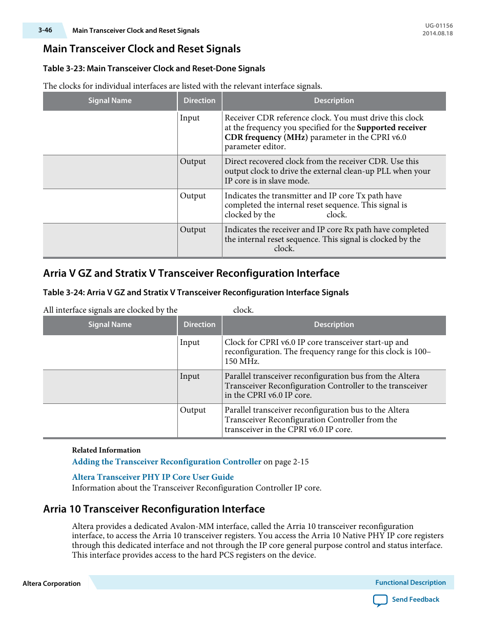 Main transceiver clock and reset signals, Arria 10 transceiver reconfiguration interface, Main transceiver clock and reset signals -46 | Arria 10 transceiver reconfiguration interface -46 | Altera CPRI v6.0 MegaCore Function User Manual | Page 76 / 115