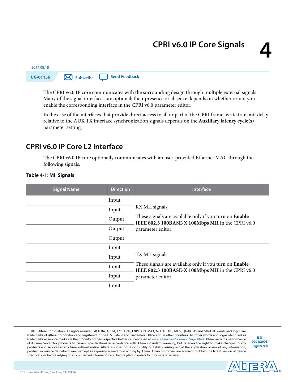 Cpri v6.0 ip core signals, Cpri v6.0 ip core l2 interface, Cpri v6.0 ip core signals -1 | Cpri v6.0 ip core l2 interface -1 | Altera CPRI v6.0 MegaCore Function User Manual | Page 82 / 115