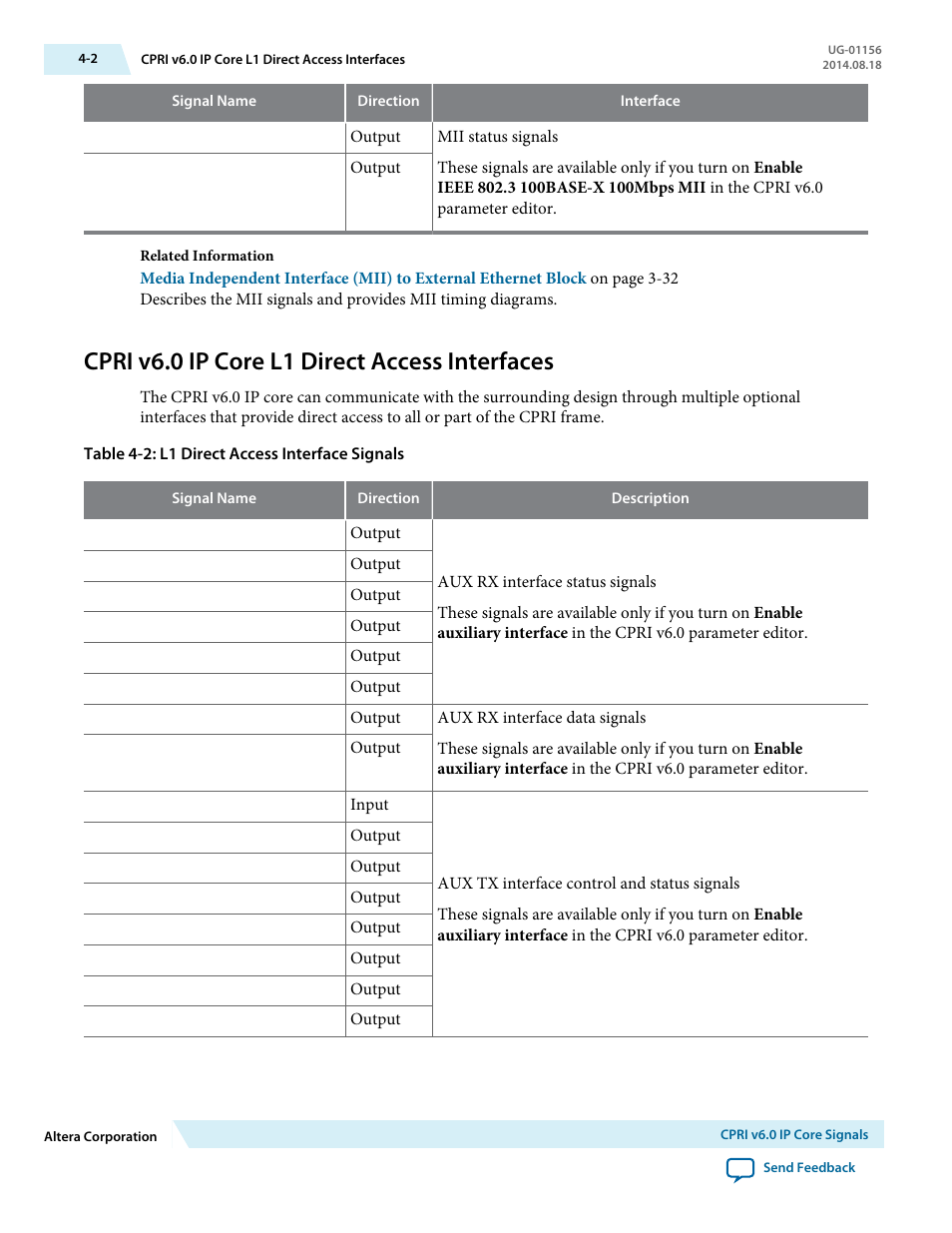 Cpri v6.0 ip core l1 direct access interfaces, Cpri v6.0 ip core l1 direct access interfaces -2 | Altera CPRI v6.0 MegaCore Function User Manual | Page 83 / 115