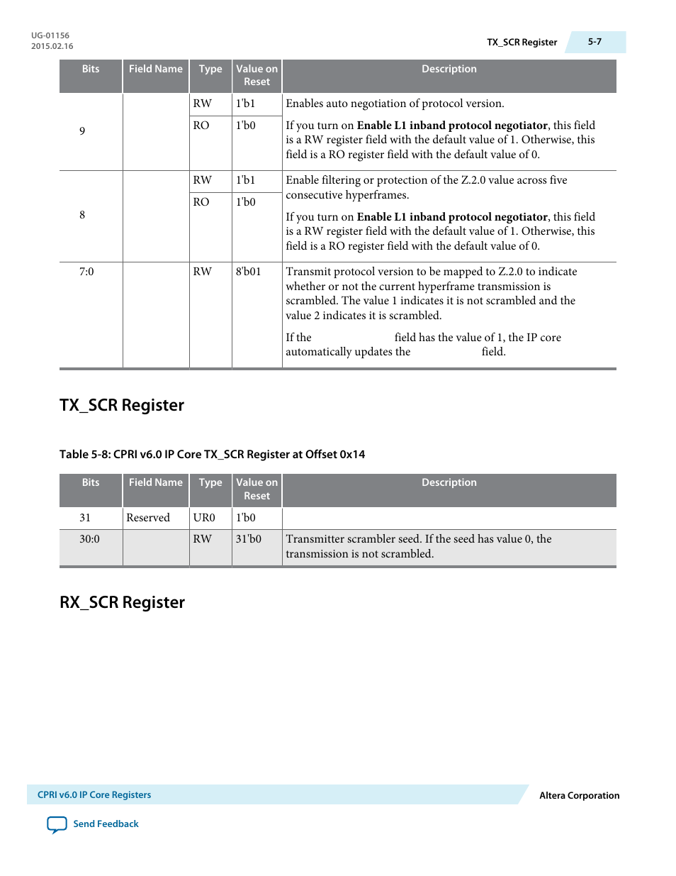 Tx_scr register, Rx_scr register, Tx_scr register -7 | Rx_scr register -7 | Altera CPRI v6.0 MegaCore Function User Manual | Page 96 / 115
