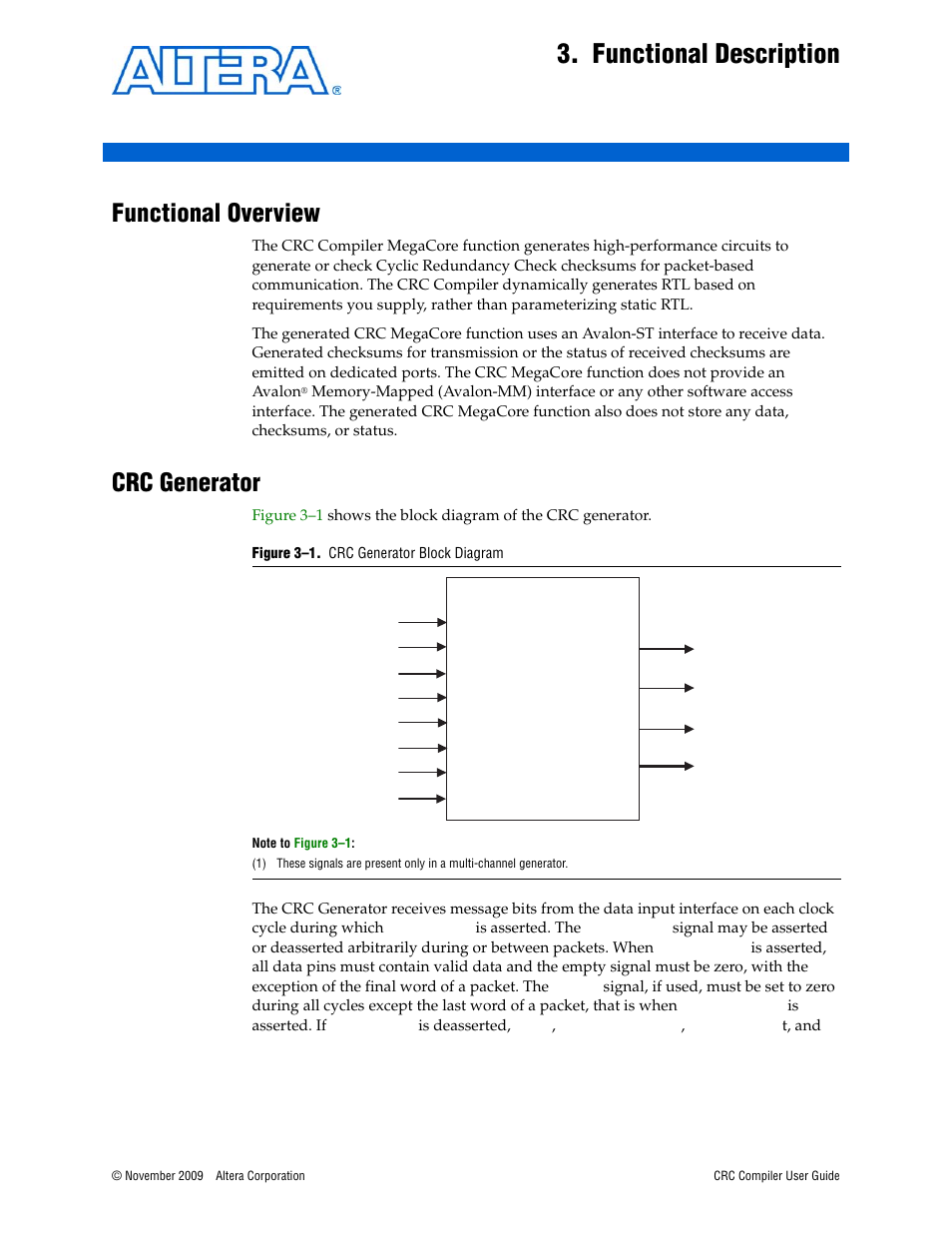 Functional description, Functional overview, Crc generator | Chapter 3. functional description, Functional overview –1 crc generator –1 | Altera CRC Compiler User Manual | Page 17 / 30