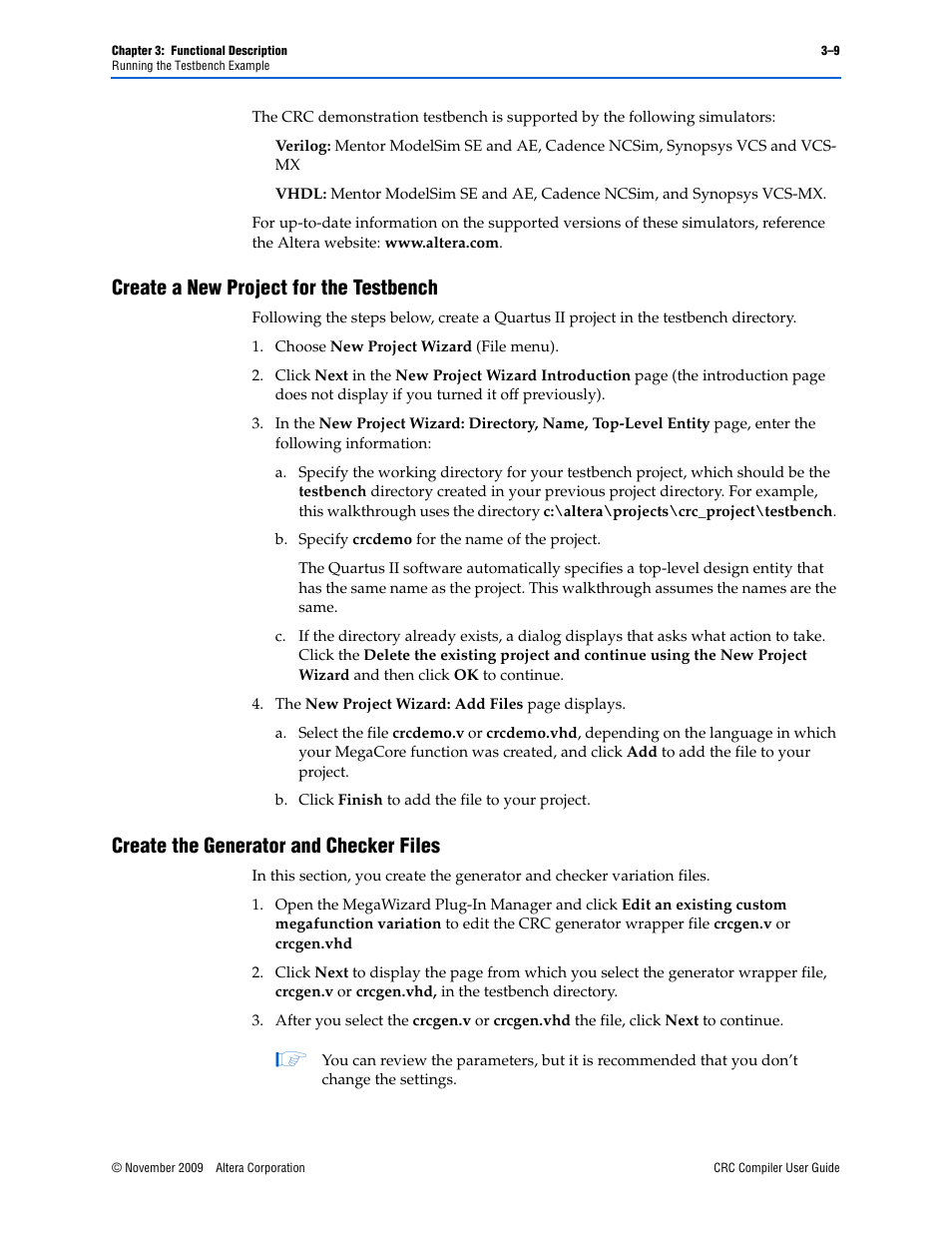Create a new project for the testbench, Create the generator and checker files | Altera CRC Compiler User Manual | Page 25 / 30