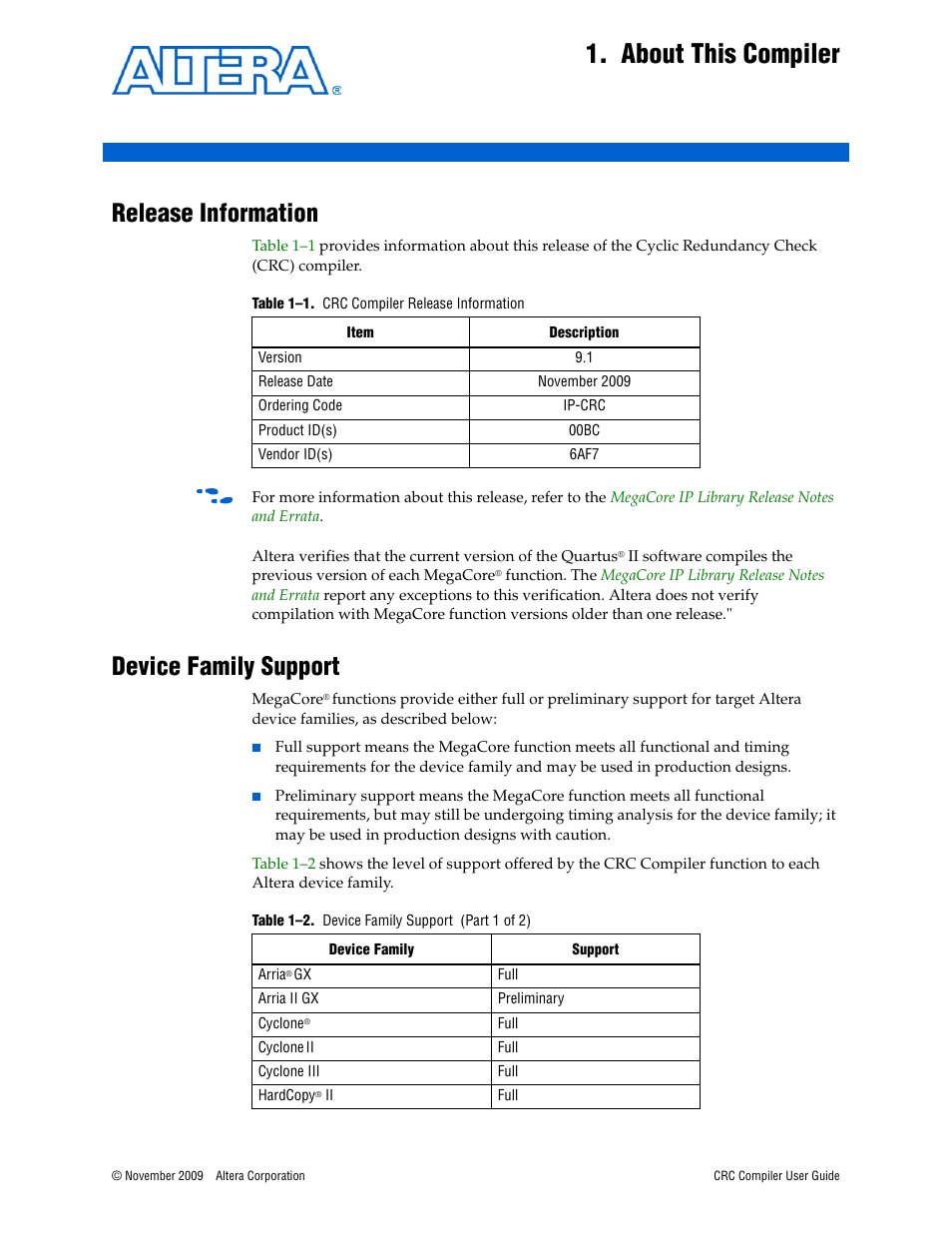 About this compiler, Release information, Device family support | Chapter 1. about this compiler, Release information –1 device family support –1 | Altera CRC Compiler User Manual | Page 5 / 30