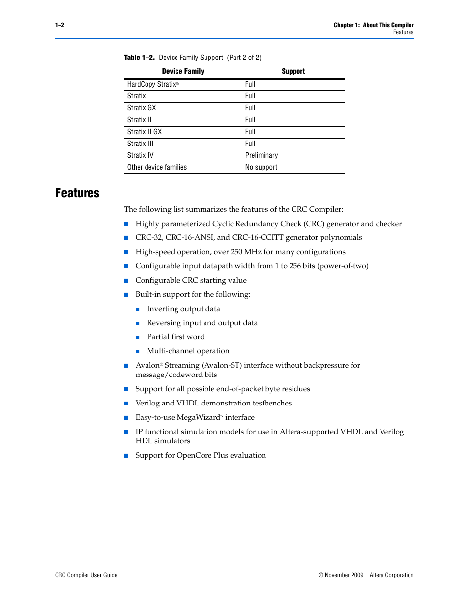 Features, Features –2 | Altera CRC Compiler User Manual | Page 6 / 30