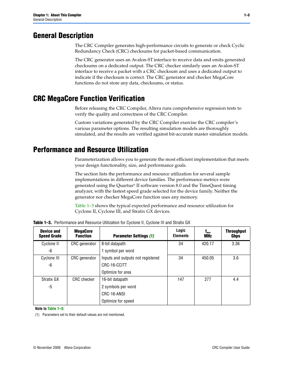 General description, Crc megacore function verification, Performance and resource utilization | Altera CRC Compiler User Manual | Page 7 / 30