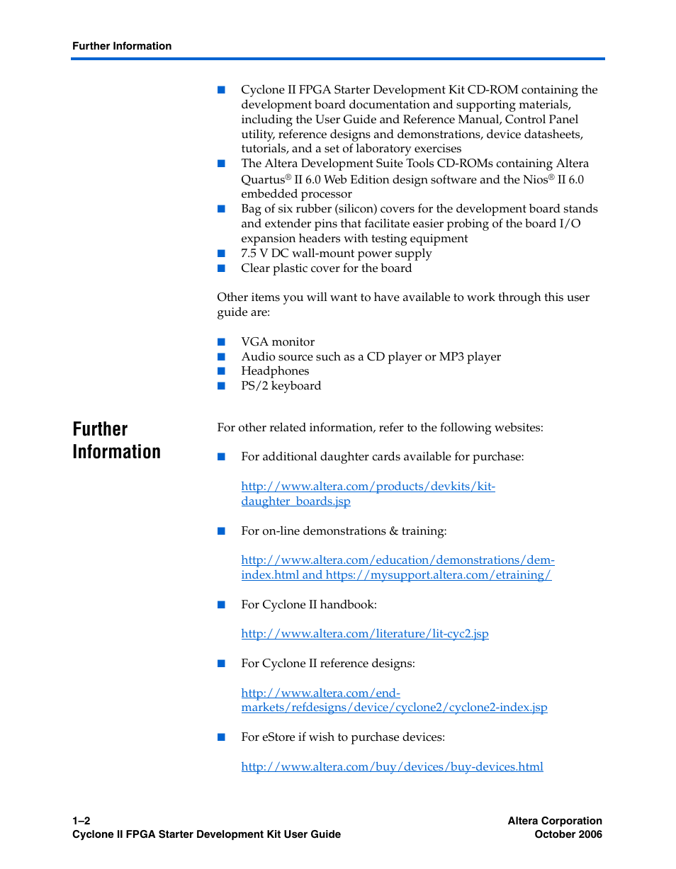 Further information, Further information –2 | Altera Cyclone II FPGA Starter User Manual | Page 10 / 50