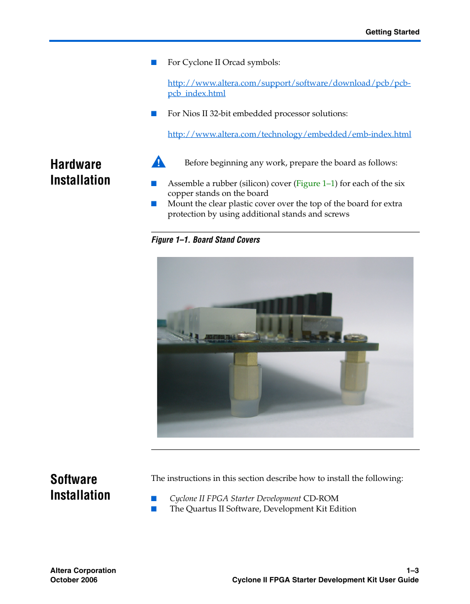 Hardware installation, Software installation, Hardware installation –3 software installation –3 | Altera Cyclone II FPGA Starter User Manual | Page 11 / 50