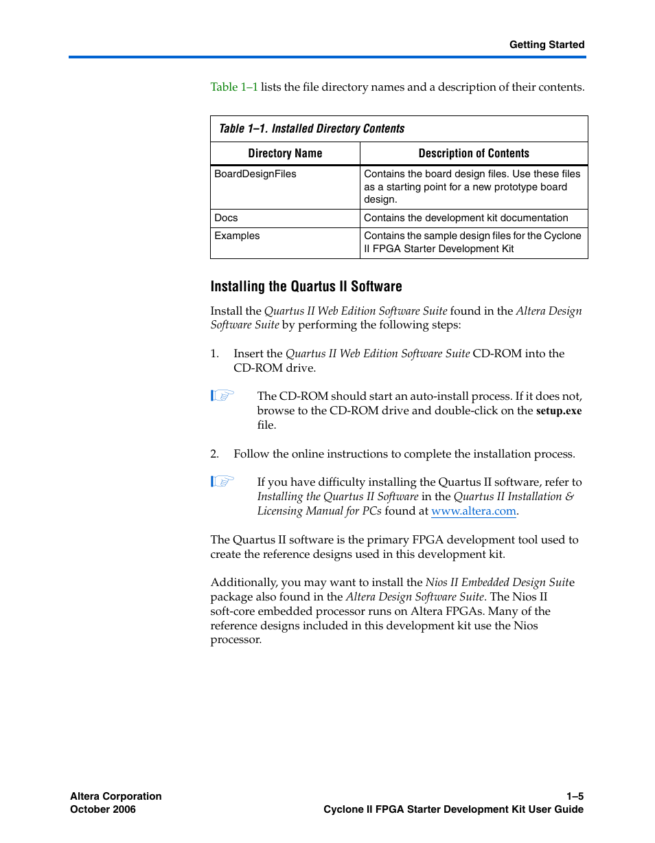 Installing the quartus ii software | Altera Cyclone II FPGA Starter User Manual | Page 13 / 50