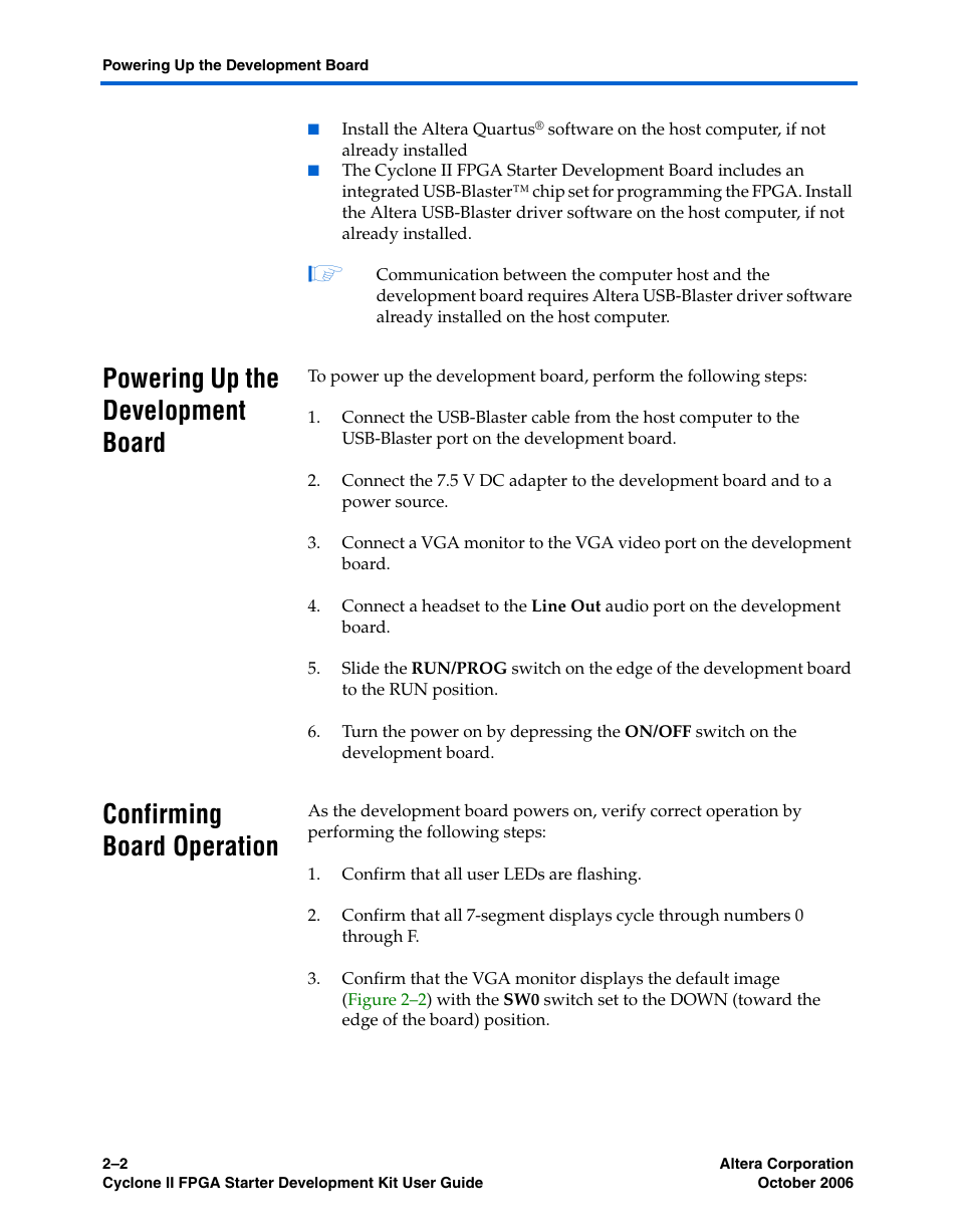 Powering up the development board, Confirming board operation | Altera Cyclone II FPGA Starter User Manual | Page 16 / 50