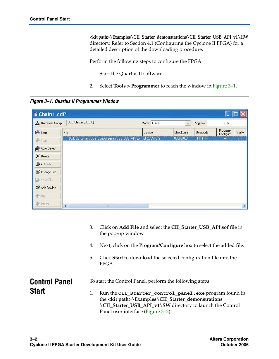 Control panel start, Control panel start –2 | Altera Cyclone II FPGA Starter User Manual | Page 20 / 50