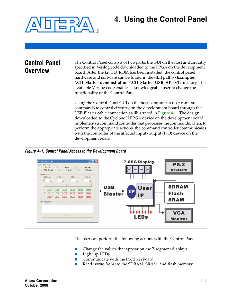 Using the control panel, Control panel overview, Chapter 4. using the control panel | Control panel overview –1 | Altera Cyclone II FPGA Starter User Manual | Page 23 / 50