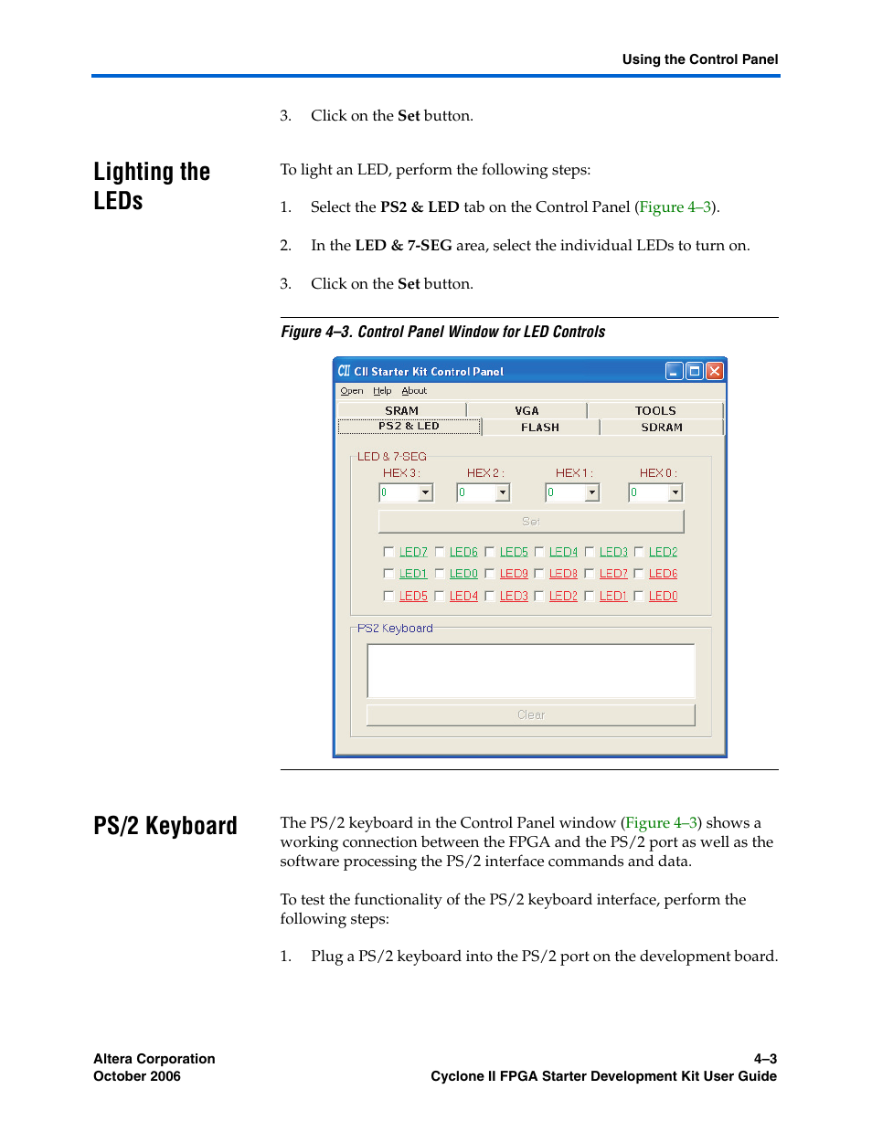 Lighting the leds, Ps/2 keyboard, Lighting the leds –3 ps/2 keyboard –3 | Altera Cyclone II FPGA Starter User Manual | Page 25 / 50