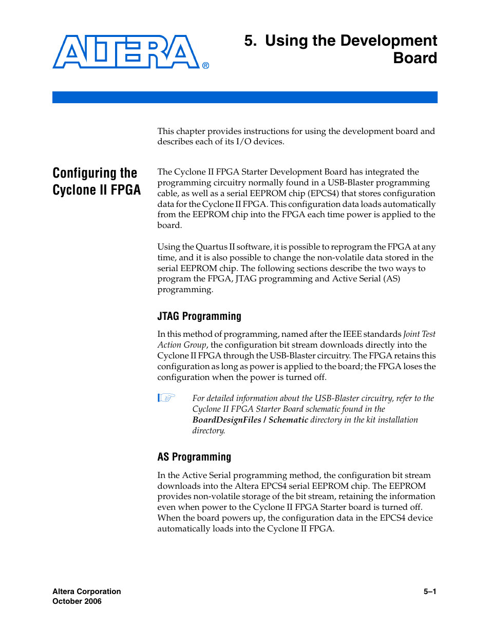 Using the development board, Configuring the cyclone ii fpga, Jtag programming | As programming, Chapter 5. using the development board, Configuring the cyclone ii fpga –1, Configuring the, Cyclone ii fpga, Secti, N of the | Altera Cyclone II FPGA Starter User Manual | Page 39 / 50