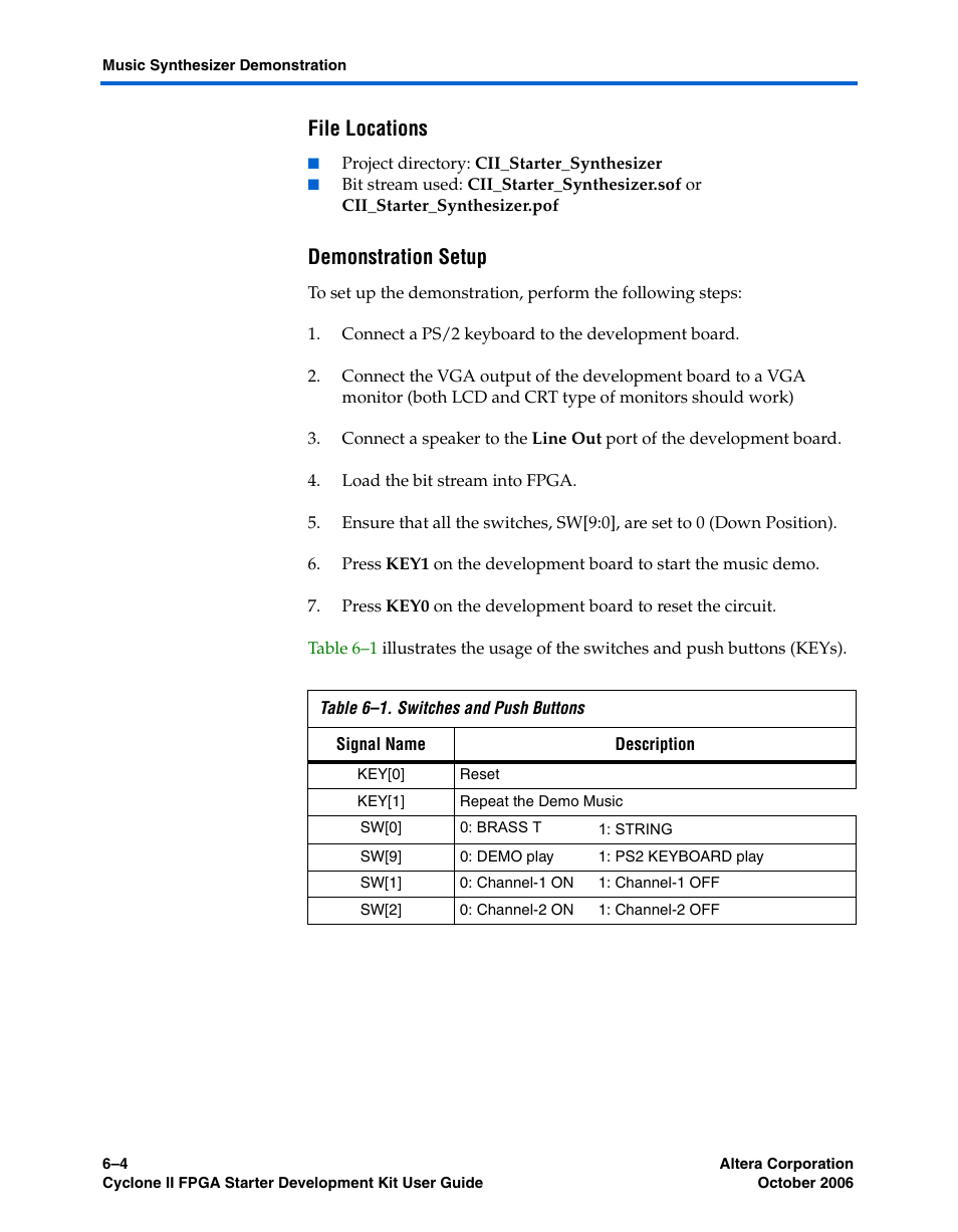 File locations, Demonstration setup | Altera Cyclone II FPGA Starter User Manual | Page 46 / 50