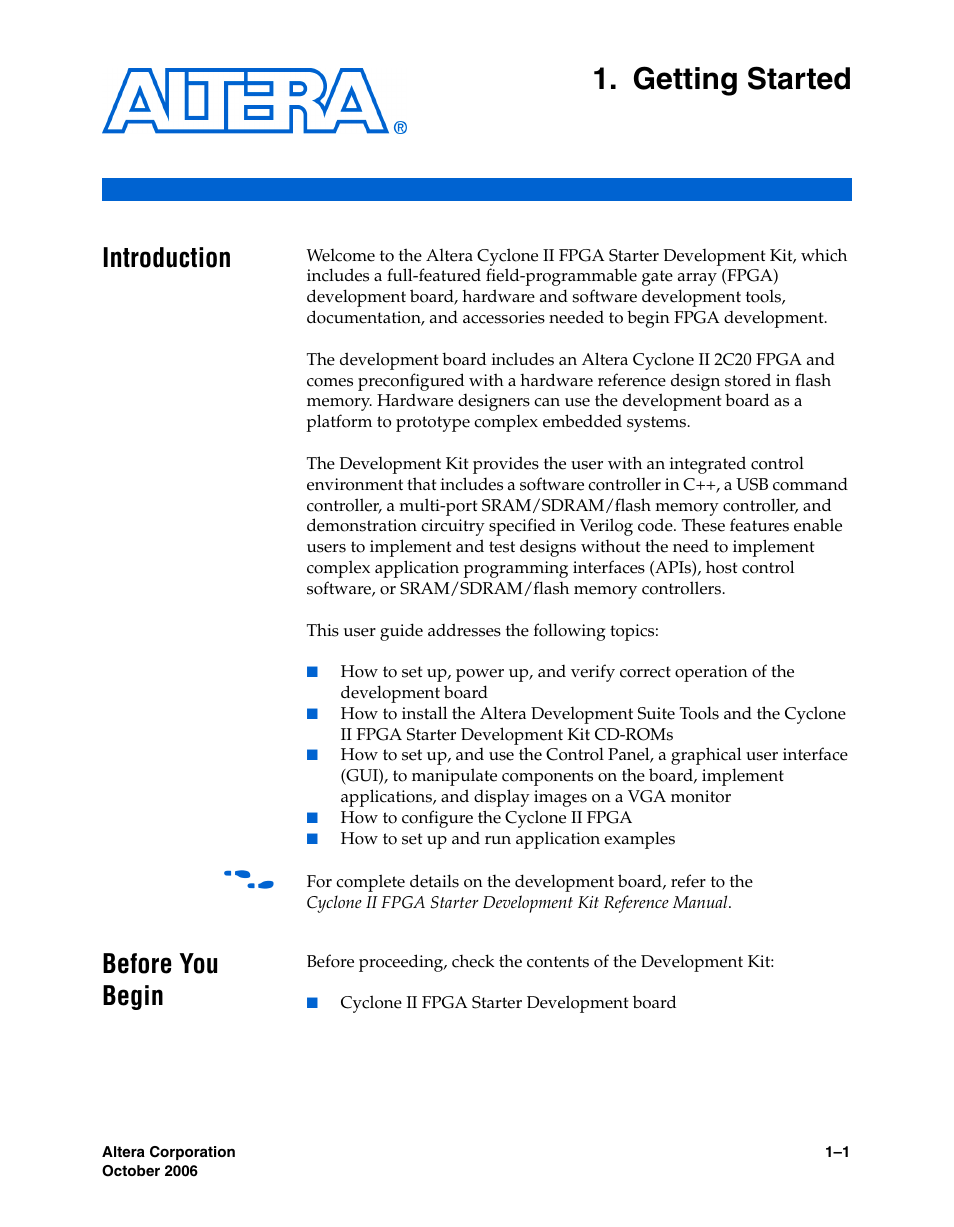 Getting started, Introduction, Before you begin | Chapter 1. getting started, Introduction –1 before you begin –1 | Altera Cyclone II FPGA Starter User Manual | Page 9 / 50