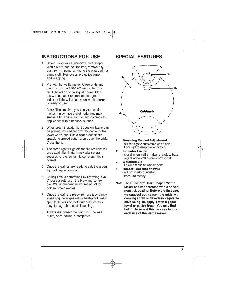 Instructions for use, Special features | Cuisinart WMR-H User Manual | Page 3 / 8