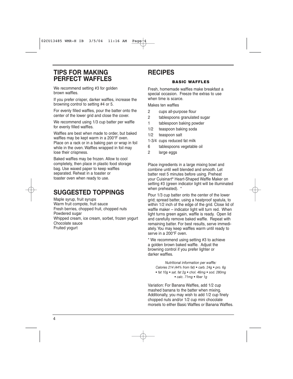 Tips for making perfect waffles, Suggested toppings, Recipes | Cuisinart WMR-H User Manual | Page 4 / 8