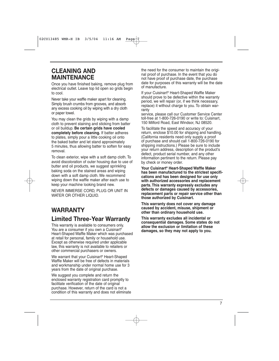 Cleaning and maintenance, Warranty limited three-year warranty | Cuisinart WMR-H User Manual | Page 7 / 8