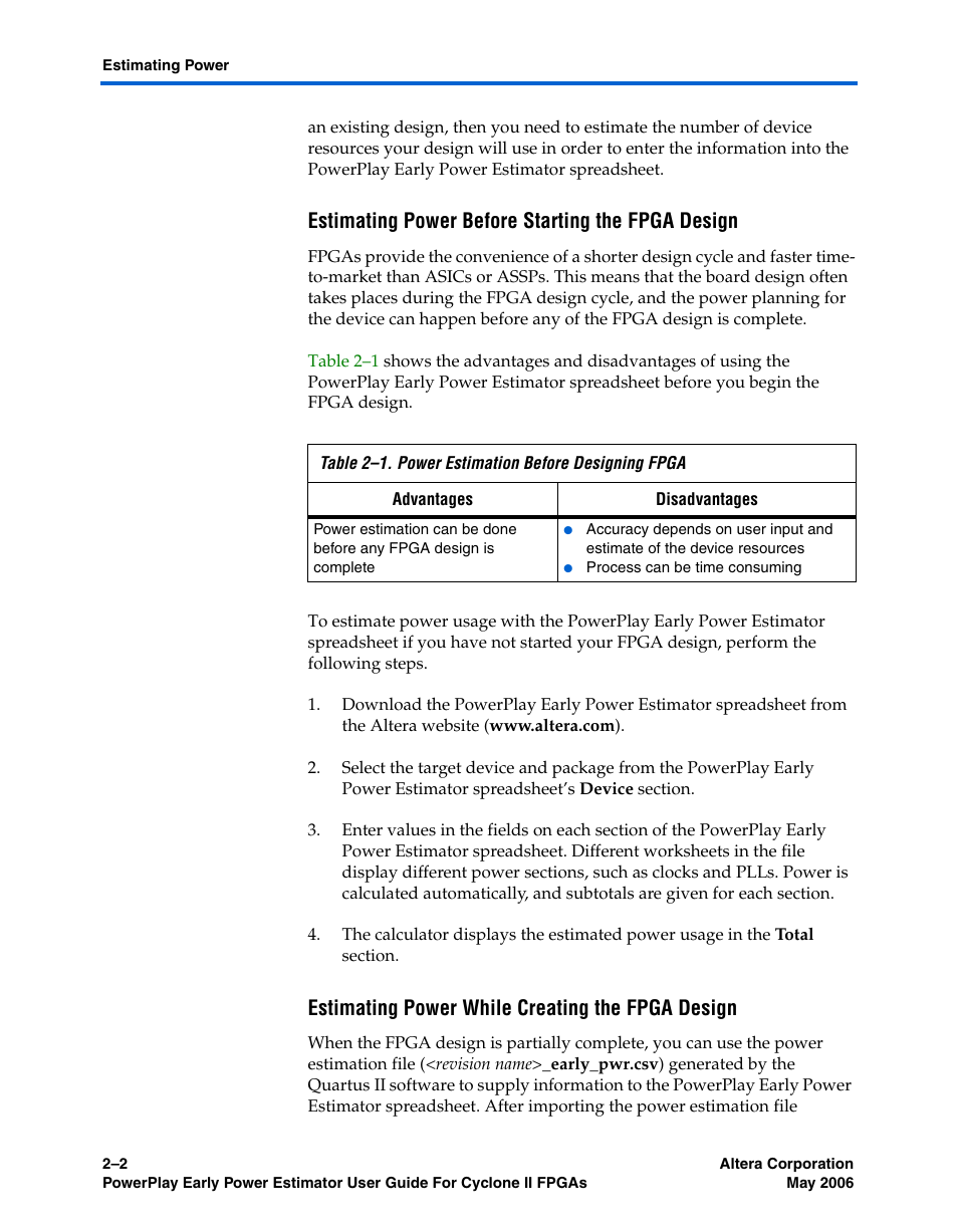 Estimating power before starting the fpga design, Estimating power while creating the fpga design | Altera Cyclone II PowerPlay Early Power Estimator User Manual | Page 10 / 48
