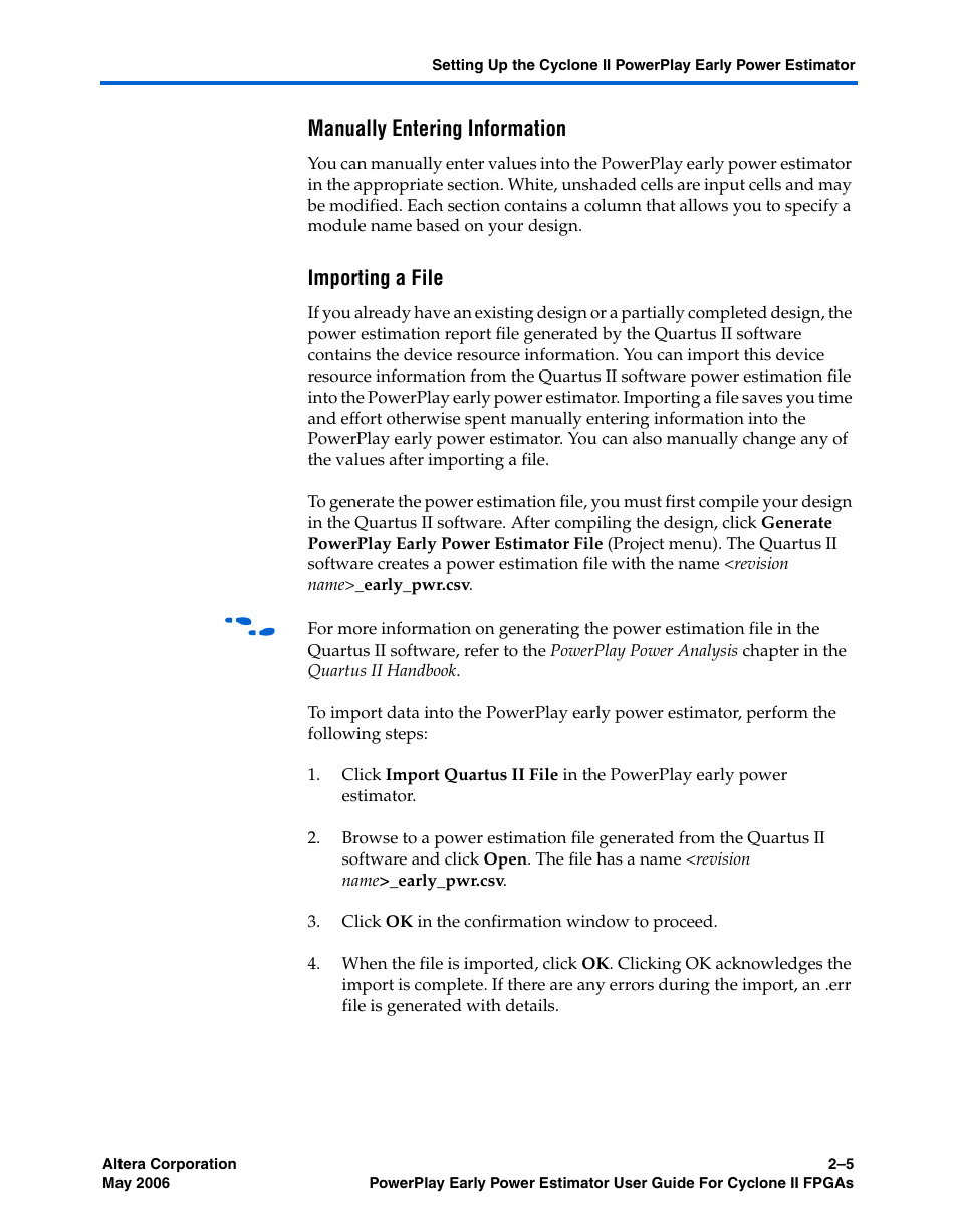 Manually entering information, Importing a file | Altera Cyclone II PowerPlay Early Power Estimator User Manual | Page 13 / 48