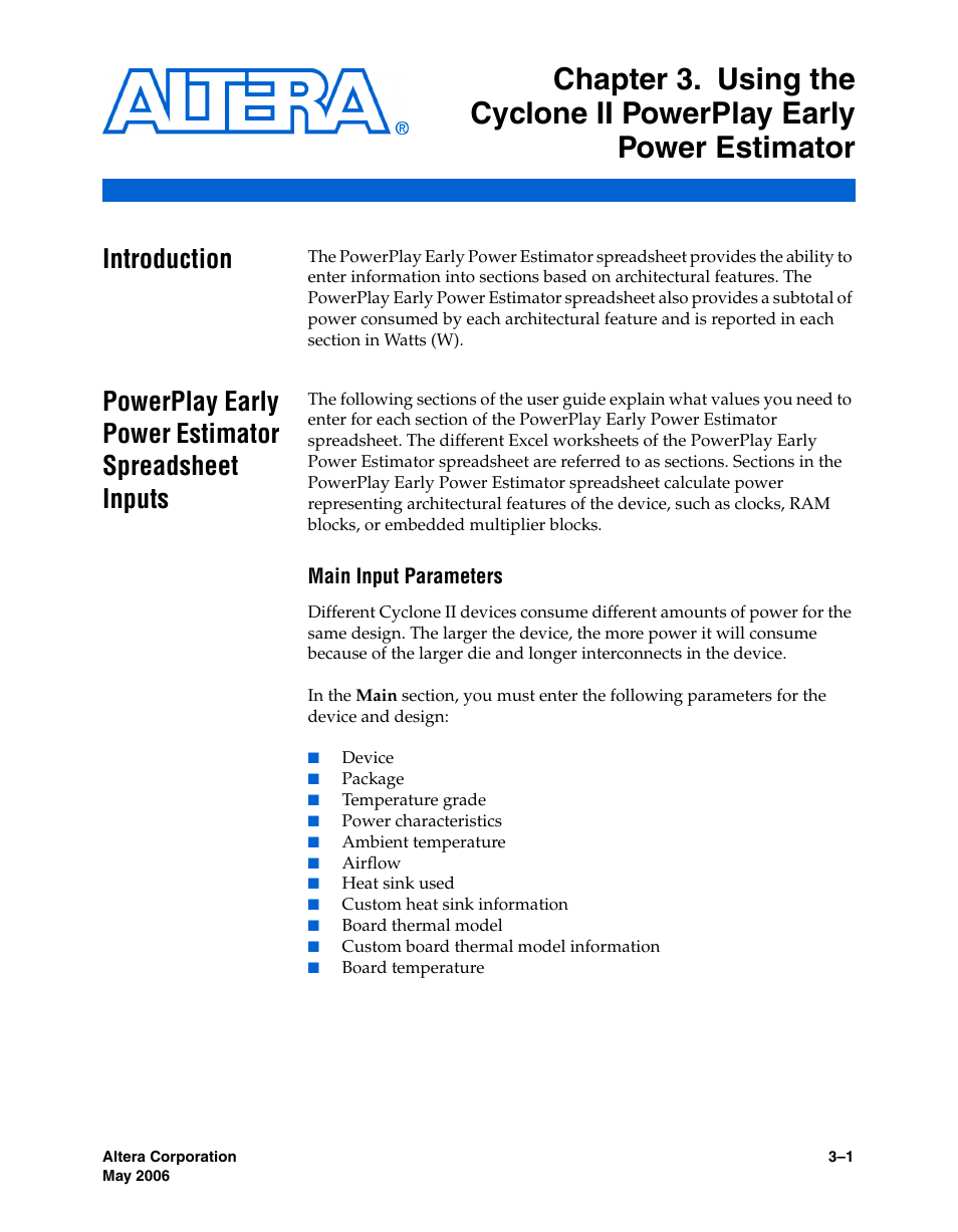 Introduction, Powerplay early power estimator spreadsheet inputs, Main input parameters | Altera Cyclone II PowerPlay Early Power Estimator User Manual | Page 17 / 48