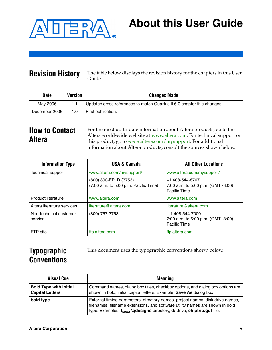 About this user guide, Revision history, How to contact altera | Typographic conventions | Altera Cyclone II PowerPlay Early Power Estimator User Manual | Page 5 / 48