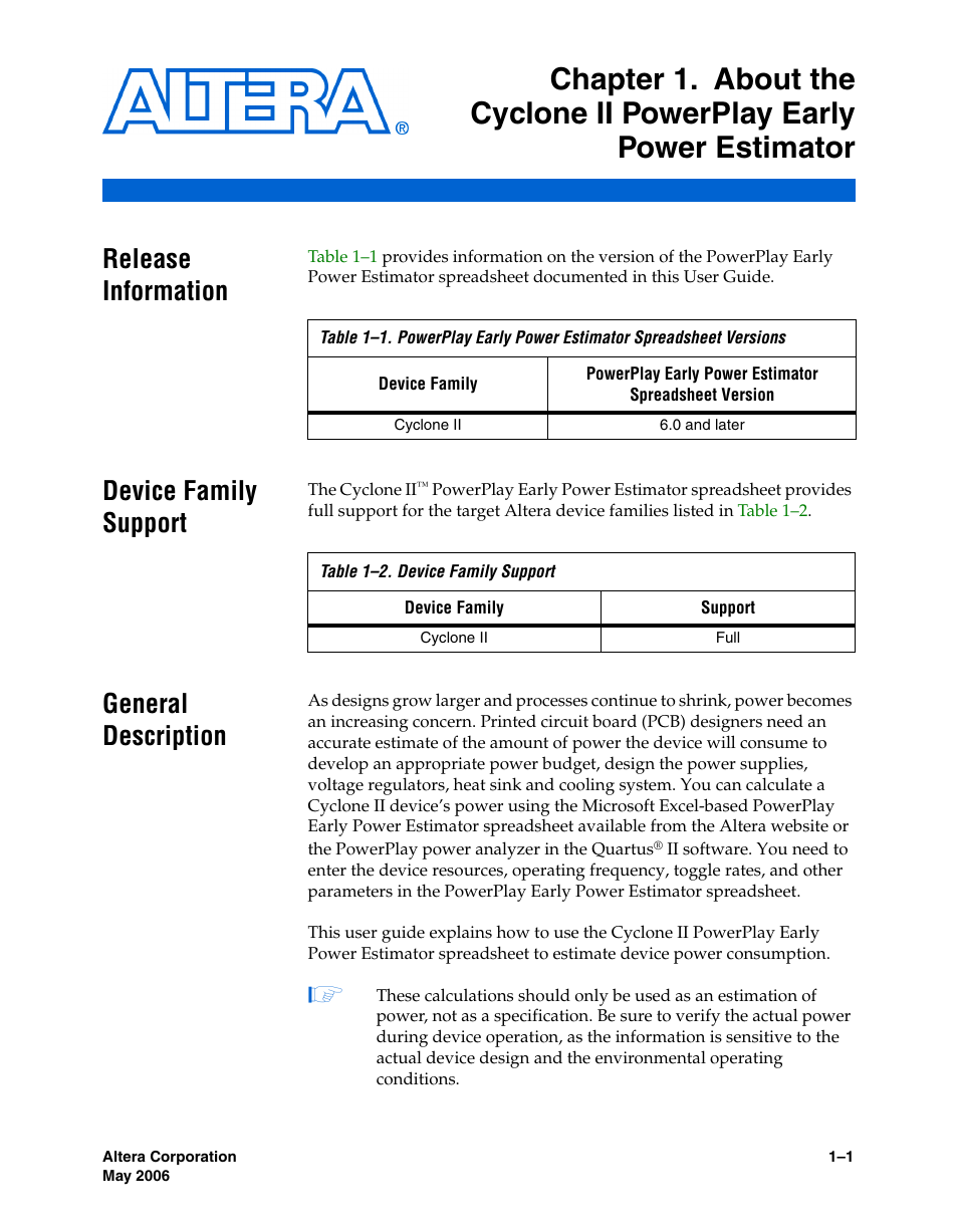 Release information, Device family support, General description | Altera Cyclone II PowerPlay Early Power Estimator User Manual | Page 7 / 48