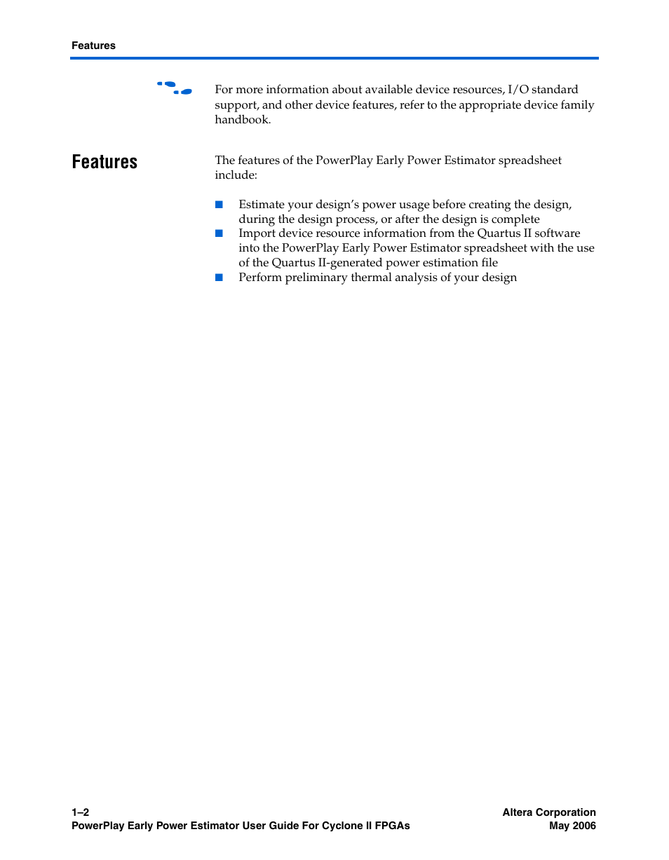 Features, Features –2 | Altera Cyclone II PowerPlay Early Power Estimator User Manual | Page 8 / 48