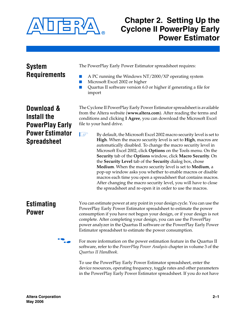 System requirements, Estimating power | Altera Cyclone II PowerPlay Early Power Estimator User Manual | Page 9 / 48