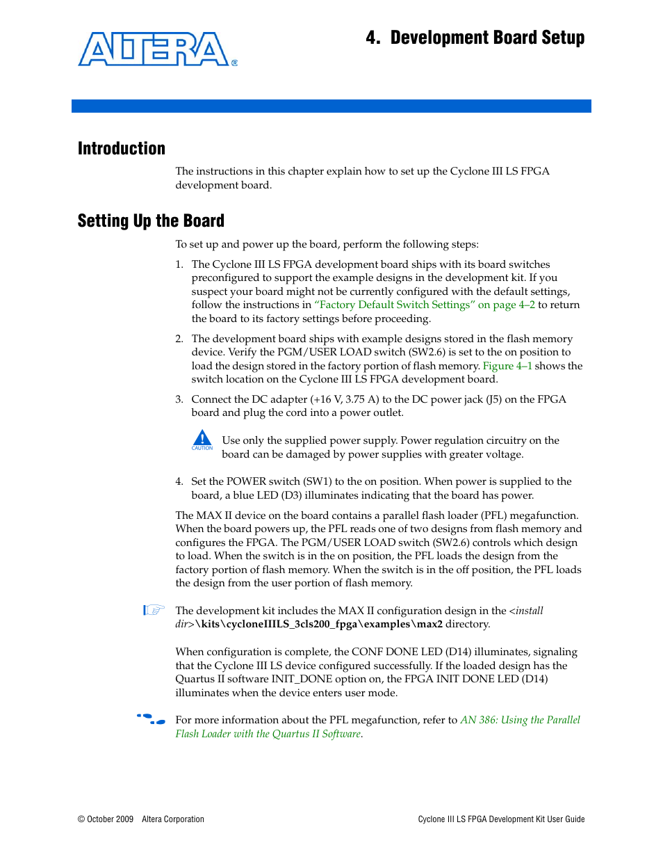 Development board setup, Introduction, Setting up the board | Altera Cyclone III LS FPGA User Manual | Page 13 / 42