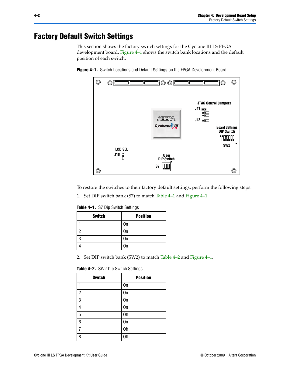 Factory default switch settings, Figure 4–1, Shows | Altera Cyclone III LS FPGA User Manual | Page 14 / 42