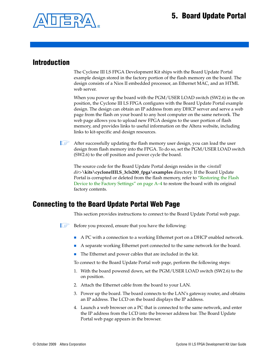 Board update portal, Introduction, Connecting to the board update portal web page | Altera Cyclone III LS FPGA User Manual | Page 17 / 42