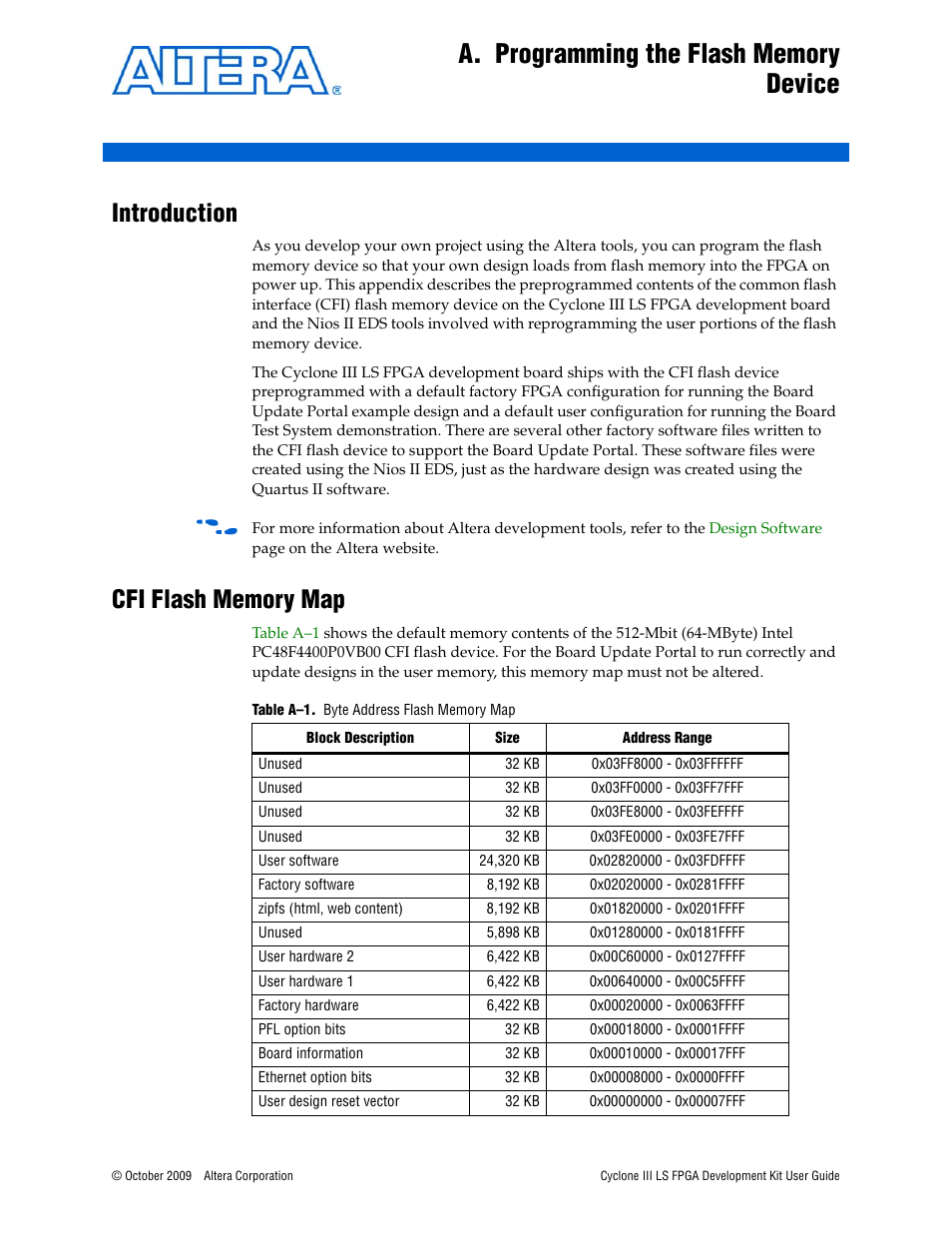 A. programming the flash memory device, Introduction, Cfi flash memory map | Altera Cyclone III LS FPGA User Manual | Page 35 / 42