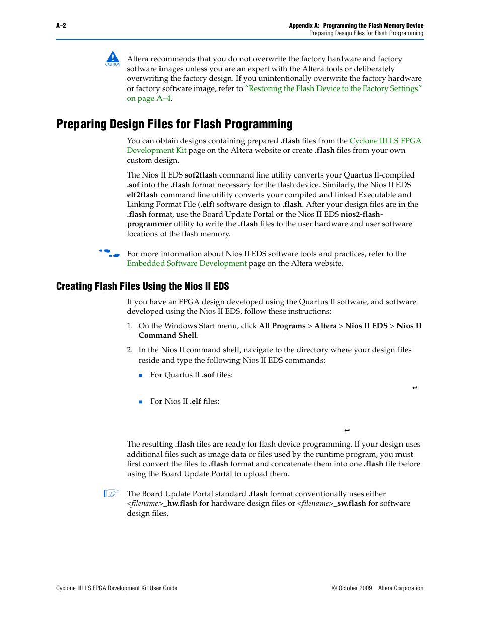 Preparing design files for flash programming, Creating flash files using the nios ii eds, R to | Altera Cyclone III LS FPGA User Manual | Page 36 / 42