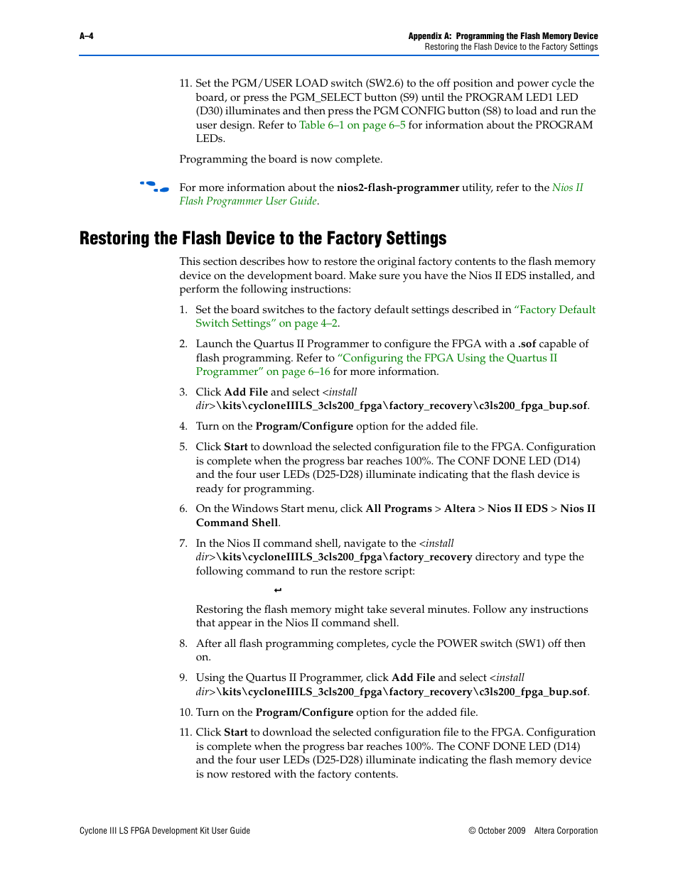 Restoring the flash device to the factory settings, Restoring the flash, To r | Altera Cyclone III LS FPGA User Manual | Page 38 / 42