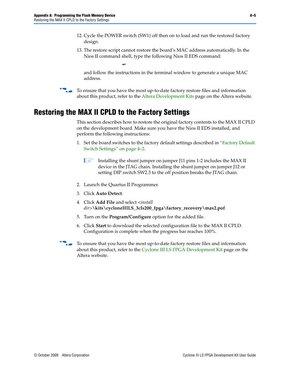 Restoring the max ii cpld to the factory settings | Altera Cyclone III LS FPGA User Manual | Page 39 / 42