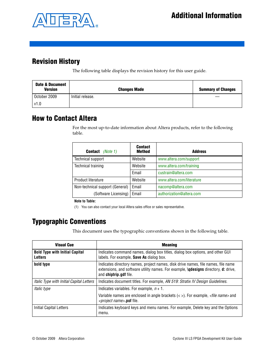 Additional information, Revision history, How to contact altera | Typographic conventions | Altera Cyclone III LS FPGA User Manual | Page 41 / 42