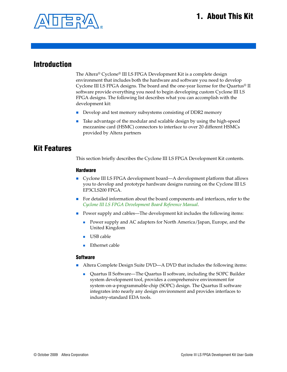 About this kit, Introduction, Kit features | Altera Cyclone III LS FPGA User Manual | Page 7 / 42