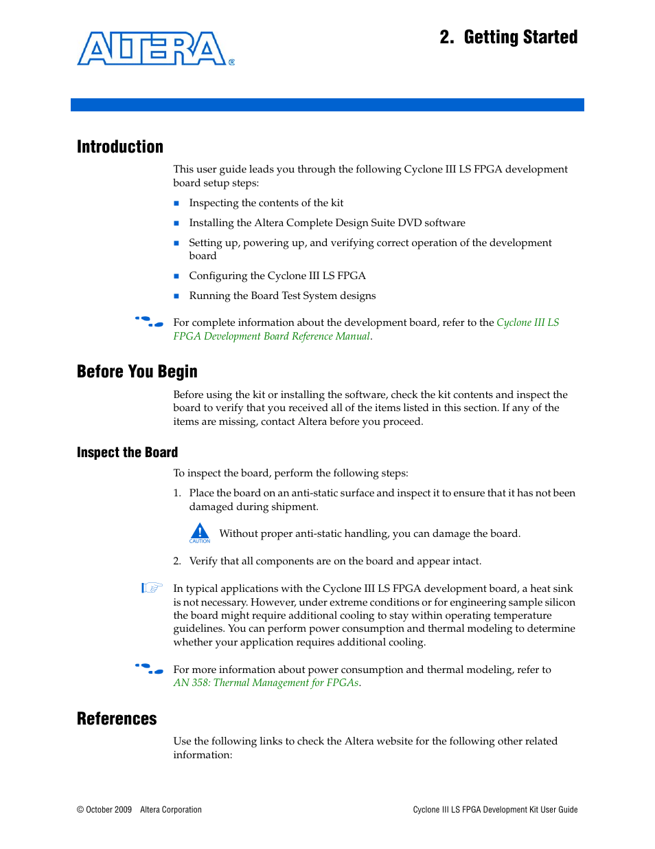 Getting started, Introduction, Before you begin | Inspect the board, References | Altera Cyclone III LS FPGA User Manual | Page 9 / 42