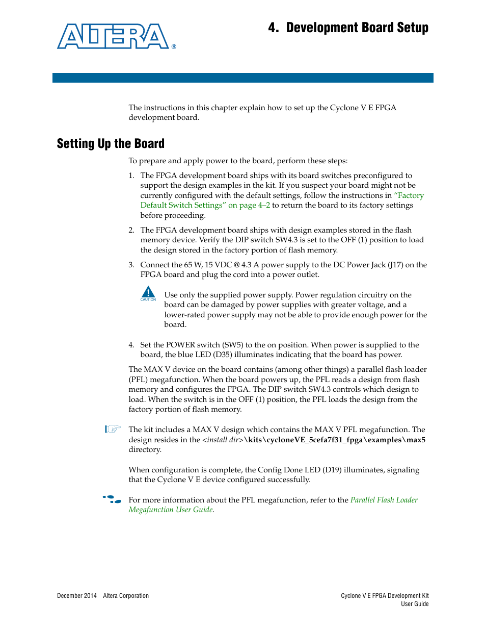 Development board setup, Setting up the board, Chapter 4. development board setup | Setting up the board –1 | Altera Cyclone V E FPGA User Manual | Page 11 / 38