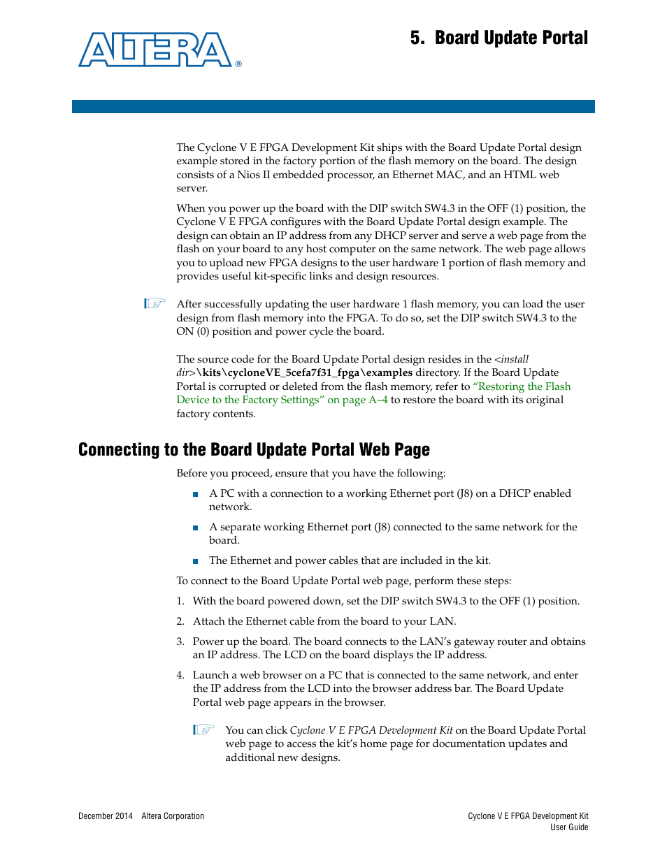 Board update portal, Chapter 5. board update portal, Connecting to the board update portal web page | Altera Cyclone V E FPGA User Manual | Page 15 / 38