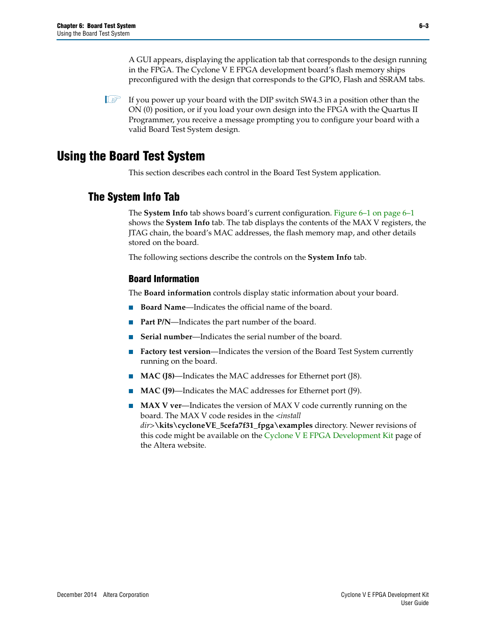 Using the board test system, The system info tab, Board information | Using the board test system –3, The system info tab –3, Board information –3 | Altera Cyclone V E FPGA User Manual | Page 19 / 38