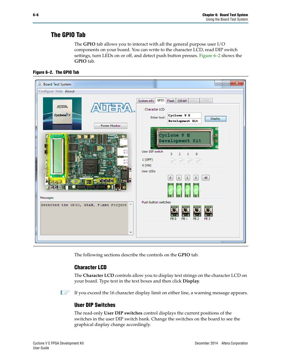 The gpio tab, Character lcd, User dip switches | The gpio tab –6, Character lcd –6 user dip switches –6 | Altera Cyclone V E FPGA User Manual | Page 22 / 38